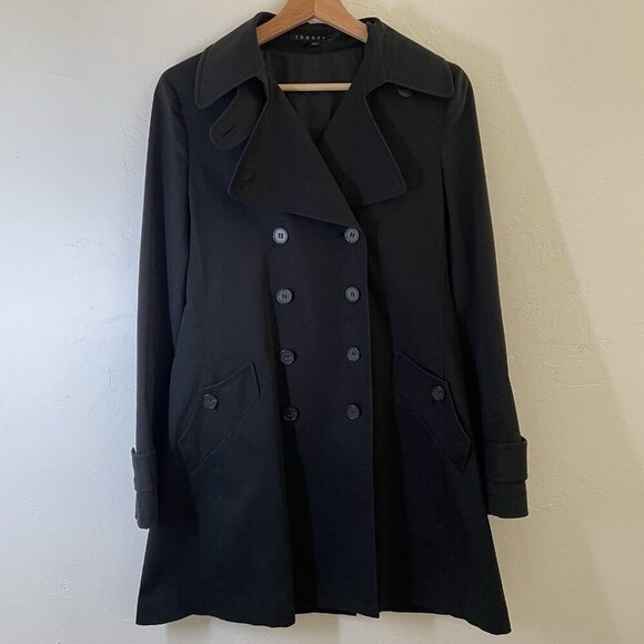 Theory Alexia Black Cotton Double Breasted Trench Coat Size M $565 - Picture 2 of 14
